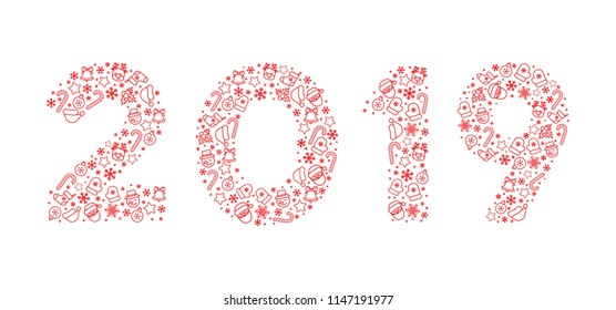 2019 New Year. Vector illustration. 2019 composed of New Year and Christmas symbols. Isolated on white