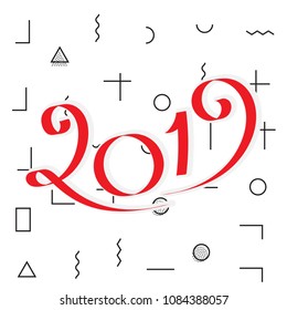 2019 New Year Vector Numbers on Memphis Pattern Background. Winter Holidays Greeting Card Design