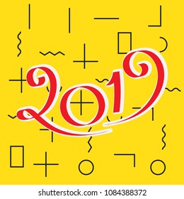 2019 New Year Vector Numbers on Memphis Pattern Background. Winter Holidays Greeting Card Design