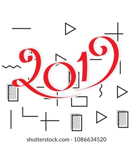 2019 New Year Vector Numbers on Memphis Pattern Background. Winter Holidays Greeting Card Design