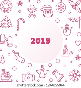 2019 New Year vector square frame or background in outline style