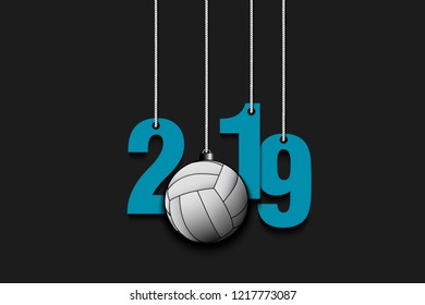 2019 New Year and volleyball ball as a Christmas decorations hanging on strings. 2019 hang on cords on an isolated black background. Design pattern for greeting card. Vector illustration