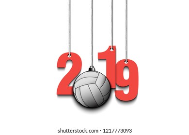 2019 New Year and volleyball ball as a Christmas decorations hanging on strings. 2019 hang on cords on an isolated white background. Design pattern for greeting card. Vector illustration