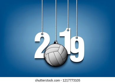 2019 New Year and volleyball ball as a Christmas decorations hanging on strings. 2019 hang on cords on an isolated blue background. Design pattern for greeting card. Vector illustration