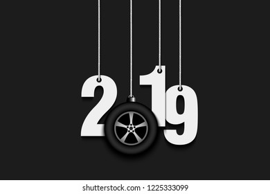 2019 New Year and wheel auto as a Christmas decorations hanging on strings. 2019 hang on cords on an isolated background. Design pattern for greeting card. Vector illustration