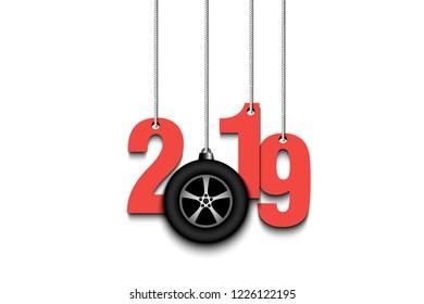 2019 New Year and wheel auto as a Christmas decorations hanging on strings. 2019 hang on cords on an isolated background. Design pattern for greeting card. Vector illustration