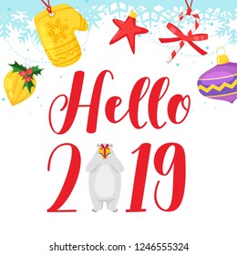 2019 New Year and Xmas greeting card background. Vector  cartoon holiday design with polar bear holding present and Christmas tree toys at the top.