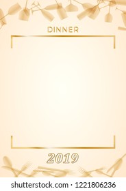 2019, New Year's Eve dinner, template for poster, cover and menu. Vector illustration
