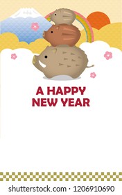 2019 New year's greeting card /wild boar parent and children ornament.