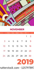 2019 November calendar abstract contemporary art vector. Desk, screen, desktop month 11,2019, colorful 2019 calendar template, agenda pattern. Psychedelic sketched calendar,day planner. November page.
