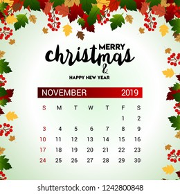 2019 November calendar design template of Christmas or New Year decoration
