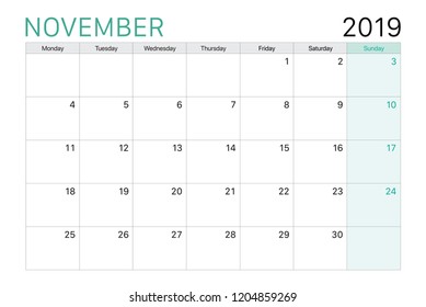 2019 November calendar or desk planner weeks start on Monday, plain white and light green theme