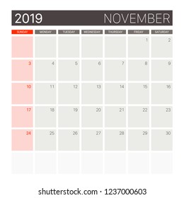 2019 November calendar or desk planner weeks start on Sunday, gray theme square proportion