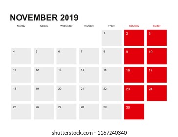 2019 November planner calendar design. Week starts from Monday. Vector illustration.