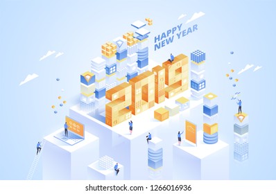 2019 number with blocks and place for text. Year of opportunities in virtual reality technology. Isometric vector illustration for online service advertisement.