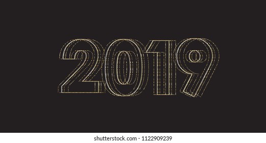 2019 number, date, Happy New Year event invitation. Fireworks festival greeting card decorative elements, stars, abstract holiday shine confetti, grunge, gold starburst background, vector template