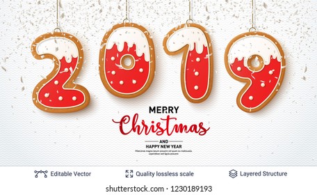 2019 number of Gingerbread cookies on light banner. Traditional Christmas decorative treat. New Year holiday background template.