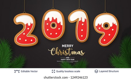 2019 number of Gingerbread cookies on dark banner. Traditional Christmas decorative treat. New Year holiday background template.