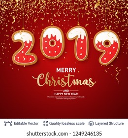 2019 number of Gingerbread cookies on red banner. Traditional Christmas decorative treat. New Year holiday background template.