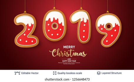 2019 number of Gingerbread cookies on red banner. Traditional Christmas decorative treat. New Year holiday background template.
