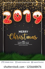 2019 number of Gingerbread cookies on dark banner. Traditional Christmas decorative treat. New Year holiday background template.