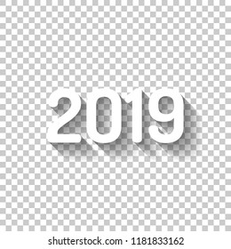 2019 number icon. Happy New Year. White icon with shadow on transparent background