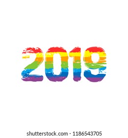 2019 number icon. Happy New Year. Drawing sign with LGBT style, seven colors of rainbow (red, orange, yellow, green, blue, indigo, violet