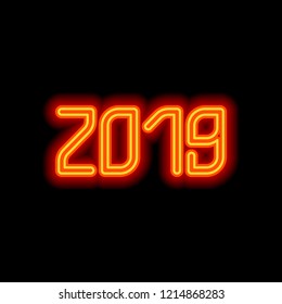 2019 number icon. Happy New Year. Orange neon style on black background. Light icon