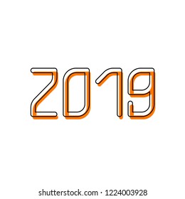 2019 number icon. Happy New Year. Isolated icon consisting of black thin contour and orange moved filling on different layers. White background