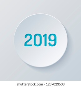 2019 number icon. Happy New Year. Cut circle with gray and blue layers. Paper style