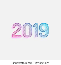 2019 number icon. Happy New Year. Colored logo with diagonal lines and blue-red gradient. Neon graphic, light effect