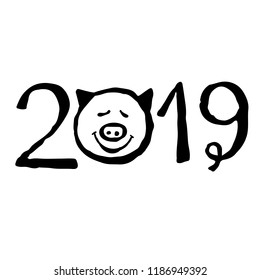 2019 number. Pig's head. Sketch hand drawn isolated on white background. New year card