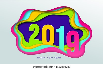 2019 number text design typography pattern. Paper art and digital craft style. Happy new year and winter season. Text Vector illustration. Isolated on white background