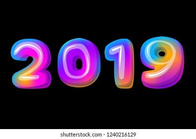 2019 number 2019 year on black purple blue pink yellow lettering 2019 number vector illustration on black twenty nineteen sign numbers lettering volumetric numbers 2019