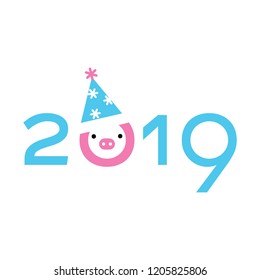 2019 numbers design with pig wearing santa hat icon. Piggy party card invitation. Vector illustration