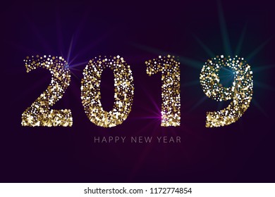 2019 numbers with golden glitter on dark background. New year banner with light effects. Design for holiday greeting cards and invitations.