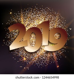 2019 numbers with golden glitter on dark background. New year banner with light effects. Design for holiday greeting cards and invitations.