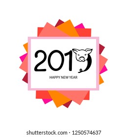 2019 numbers lettering text design with a pig muzzle and tail. Geometric colorful background. Hand drawn Symbol of the Year. Vector  illustration EPS 10