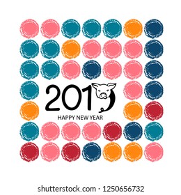 2019 numbers lettering text design with a pig muzzle and tail. Geometric colorful background. Hand drawn Symbol of the Year. Vector  illustration EPS 10