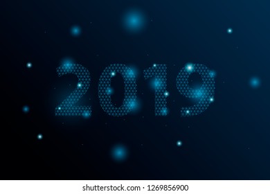 2019. Numbers made of triangles. Night sky. Flares.