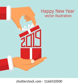 2019. Numbers red. Vector illustration flat design. Isolated on white background. Gift from Santa Claus. Santa Claus holding red gift box in hand, shows open gift. Merry Christmas.