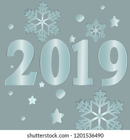 2019.  Numbers and snowflake cut from paper for holiday greeting card, invitation, calendar poster, banner. Vector Illustration.