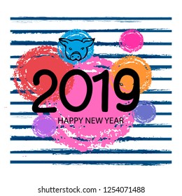 2019 numbers text design with a pig muzzle. Abstract colorful background with blue stripes. Hand drawn Symbol of the Year. Vector  illustration EPS 10