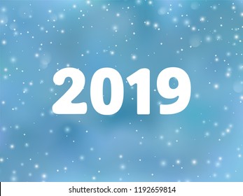 2019 numbers typography design. Winter season background with falling snow. Snowfall abstract texture. Great for calendars, holiday greeting cards, banners, New Year party posters.