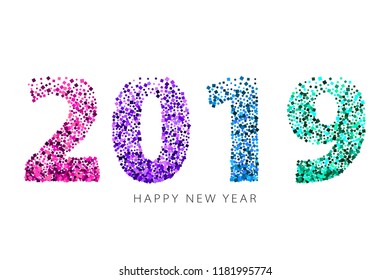 2019 numbers with various color glitter on white background. New year banner with light effects. Design for holiday greeting cards and invitations.