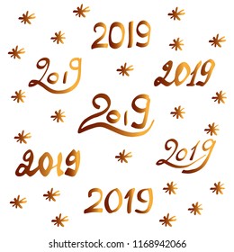 2019 numeral text hand drawn lettering with snowflakes. Grunge ink brush calligraphy. Happy New Year, Merry Christmas greeting card design template. Golden on white background. Vector Illustration