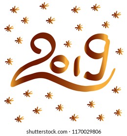 2019 numeral text hand drawn lettering with snowflakes. Grunge ink brush calligraphy. Happy New Year, Merry Christmas greeting card design template. Golden on white background. Vector illustration