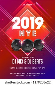 2019 NYE (New Year Eve) with woofer on abstract background with time and venue details.