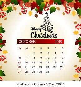 2019 October calendar design template of Christmas or New Year decoration