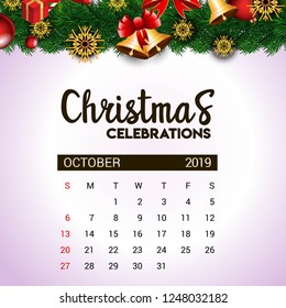 2019 October calendar design template of Christmas or New Year decoration